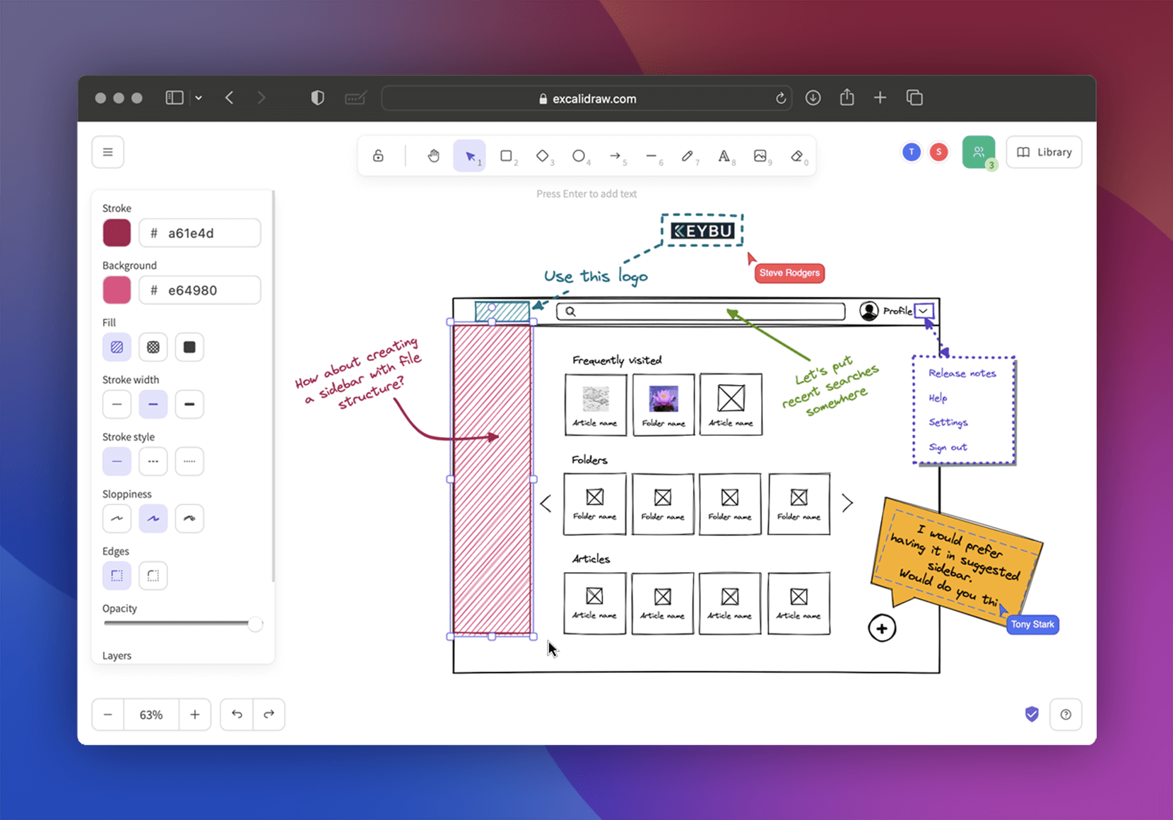 Excalidraw 主界面示意,浅色背景上有手绘风格的矩形、箭头和便签-1